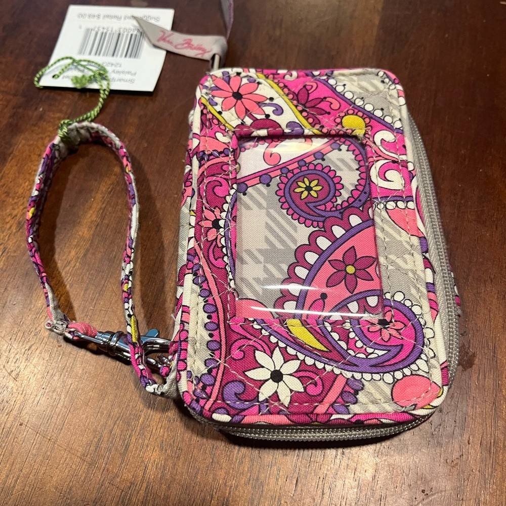 Vera Bradley Paisley Meets Plaid Wristlet in Pink and Gray